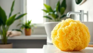 Learn how to clean a loofah effectively with this close-up image of a vibrant loofah in a serene bathroom setting.