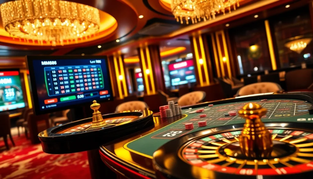 Experience thrilling MM88 casino action with poker chips and roulette wheels in a luxurious setting.