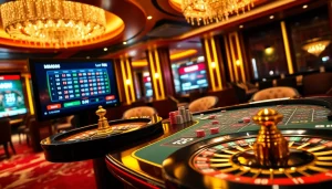 Experience thrilling MM88 casino action with poker chips and roulette wheels in a luxurious setting.