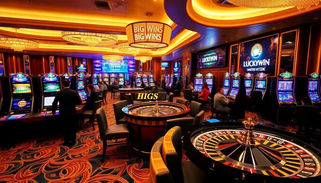 LUCKYWIN casino scene featuring excited players at vibrant gaming tables and slot machines.