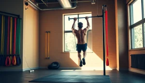 Fitness enthusiast using assisted pull-up bands in a vibrant gym environment.