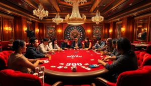 Intense poker game at a luxurious casino with BK8THAI branding, showcasing excitement and high stakes.