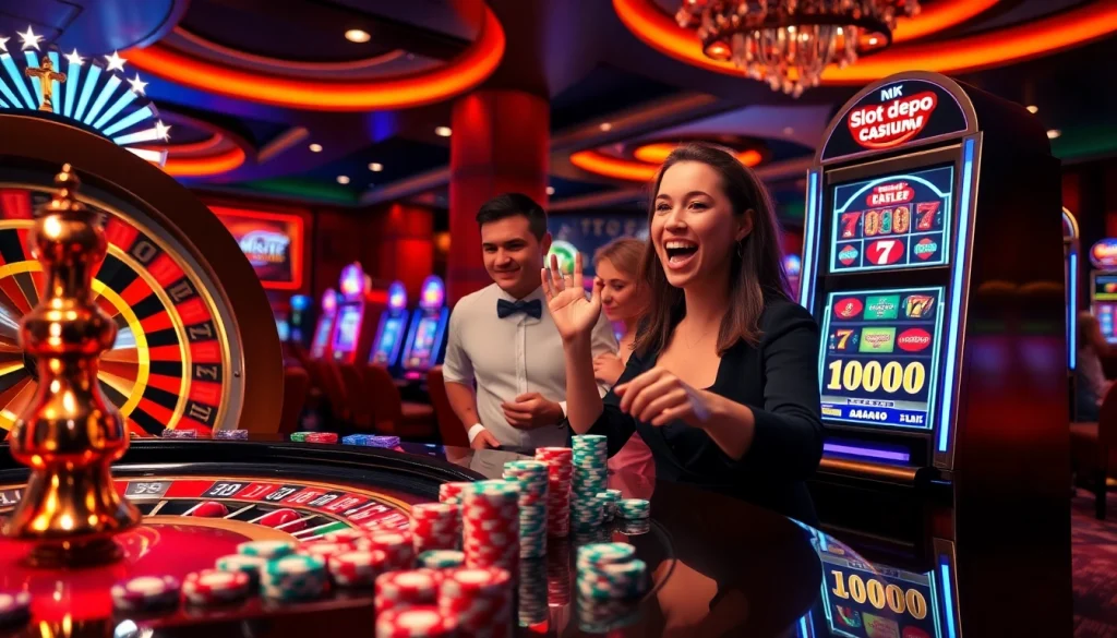 Slot depo 1000 excitement at a luxury casino with vibrant slot machines and joyous players.