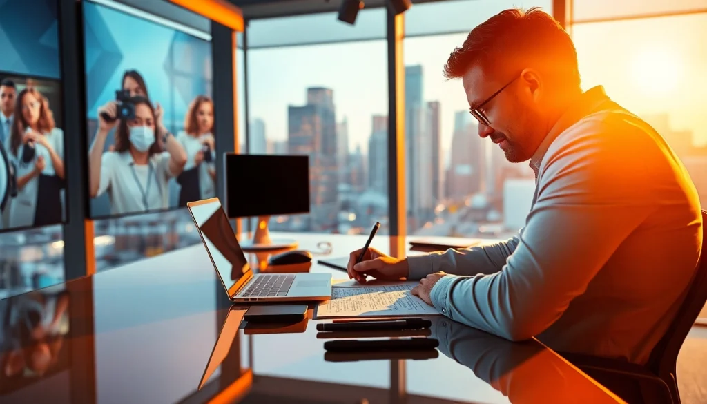 Capture of a journalist at work with Usa Today headlines displayed in the newsroom.
