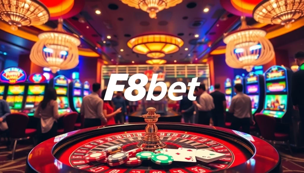 F8bet players enjoying a thrilling roulette game with colorful chips and cards at a luxurious casino.