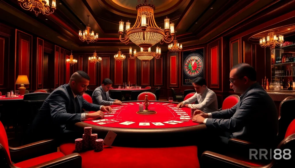 Experience the thrill of gambling at RR88 with an elegant poker table and luxurious casino ambiance.