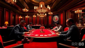 Experience the thrill of gambling at RR88 with an elegant poker table and luxurious casino ambiance.