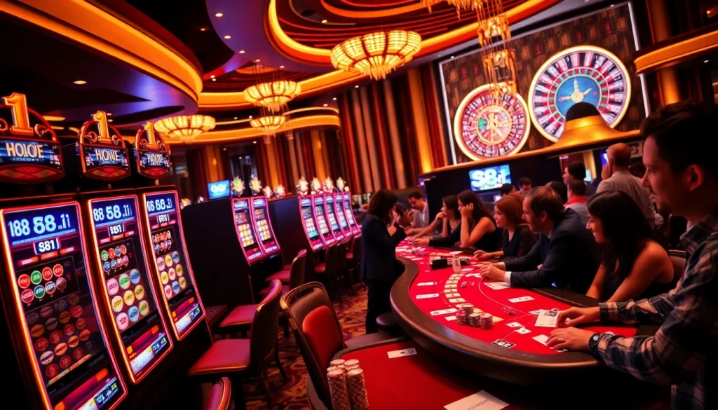 A vibrant casino scene showcasing excitement, with slot machines and poker tables featuring the 88i branding.