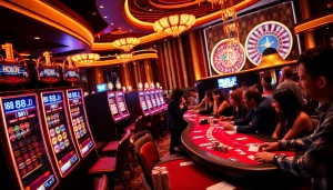 A vibrant casino scene showcasing excitement, with slot machines and poker tables featuring the 88i branding.