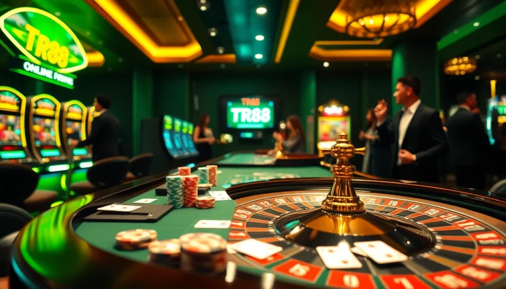 Players engaging in thrilling gambling activities at a casino table while showcasing TR88 betting excitement.