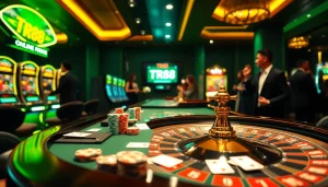 Players engaging in thrilling gambling activities at a casino table while showcasing TR88 betting excitement.