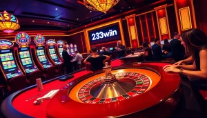 Experience the excitement of 23win at a luxurious casino table with vibrant slot machines.