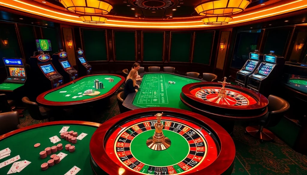 Engaged players enjoying classic casino games at https://hbbet4.art/ with vibrant poker chips and roulette wheel.