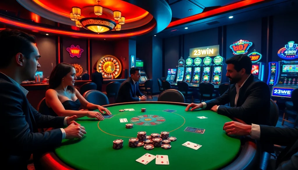 Engaging in thrilling poker action at nhà cái 23win's luxurious casino table with vibrant chips and cards.