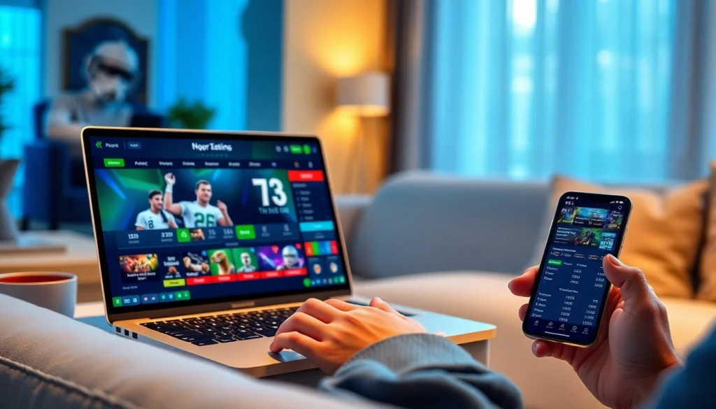 A user-friendly online betting platform interface showcasing 77EE's vibrant games and sports betting on a laptop and smartphone.