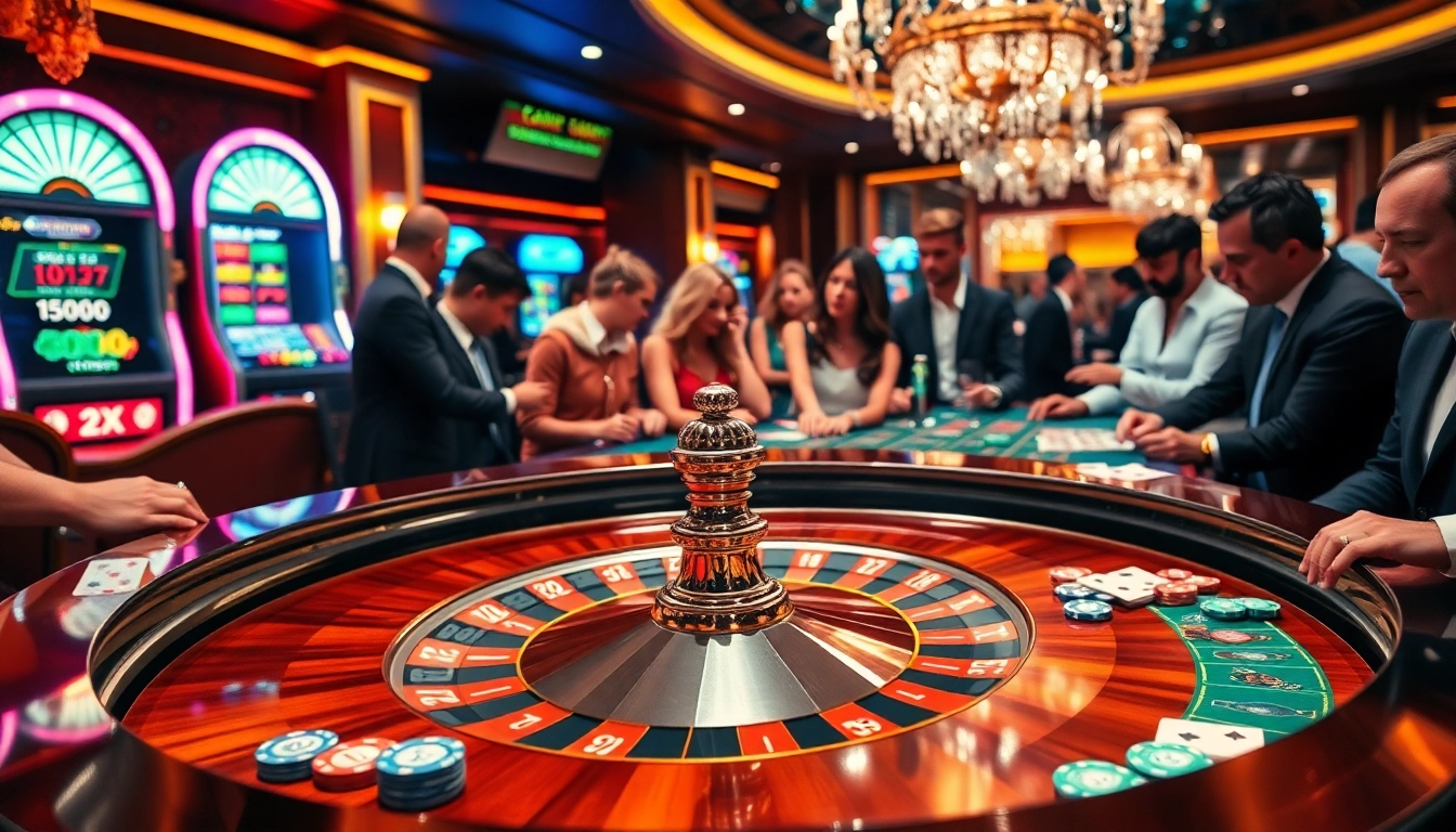 Engage in thrilling gambling strategies with vibrant roulette wheels and colorful poker chips.
