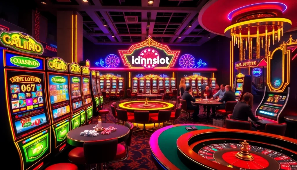 Experience the excitement of idnslot gaming at a vibrant casino with bright slot machines and engaged players.