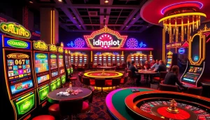Experience the excitement of idnslot gaming at a vibrant casino with bright slot machines and engaged players.