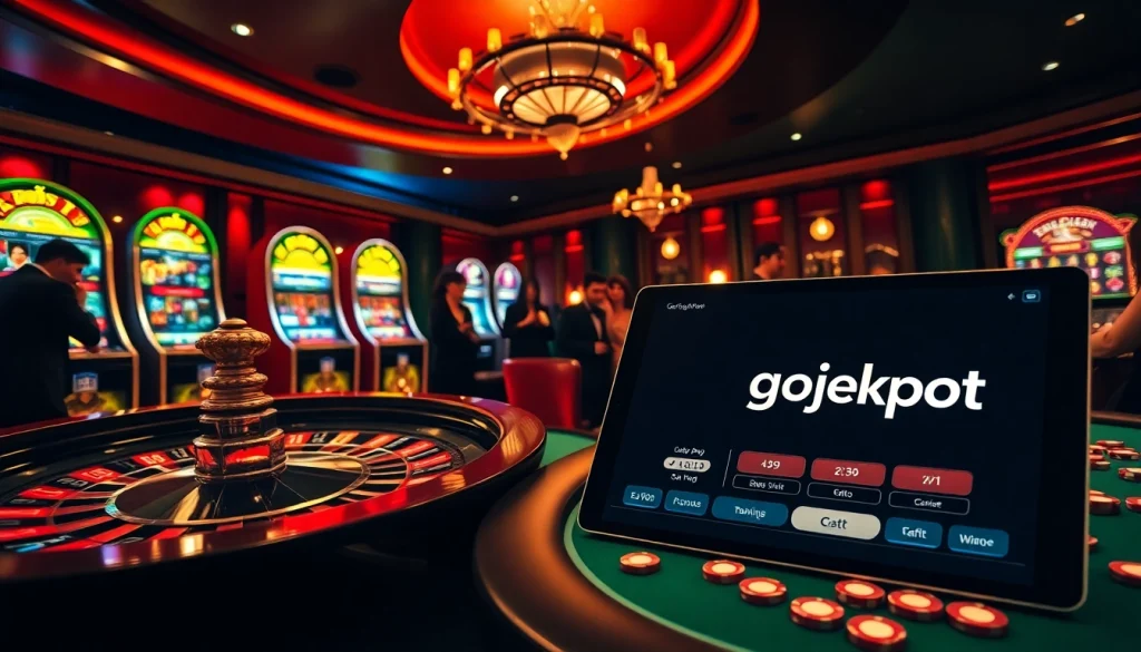 Experience the thrill of Gojekpot with vibrant casino elements including roulette and slot machines.