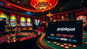 Experience the thrill of Gojekpot with vibrant casino elements including roulette and slot machines.