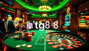 Experience the thrill of tg88 at a vibrant casino with roulette, poker chips, and engaging players.