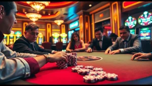 Witness thrilling TK88 poker gameplay amidst a luxurious casino atmosphere with vibrant colors.