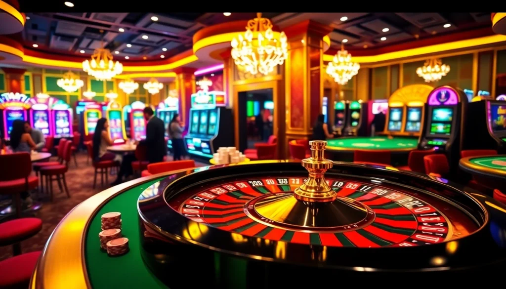 Nohu90 com casino atmosphere with roulette, poker, and slot machines, capturing excitement.