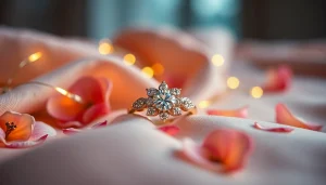 豪華な生地の上に繊細なダイヤモンドのディテールを施した、上品な結婚指輪。