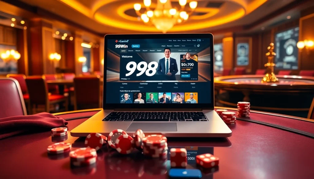 Sustainable 98win platform showcasing vibrant casino elements like poker chips and roulette wheels.