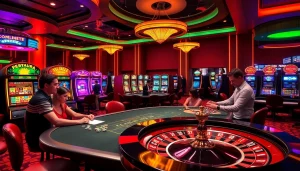 Vibrant casino scene at https://wapt.co.com/ showcasing high-stakes poker and colorful slot machines.