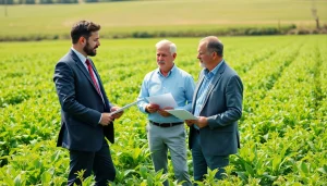 Farmers engaged in agricultural law discussion, showcasing collaboration and legal expertise.