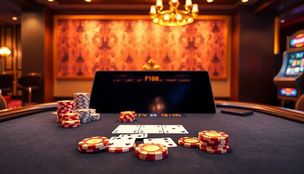 Experience high-stakes gaming at F168 AI's luxurious casino table with vibrant poker chips.