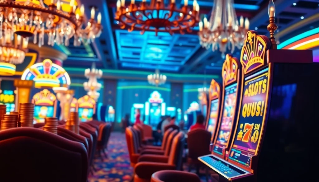 Pemain judi yang bersemangat bermain mesin Slot Zeus dengan lampu berwarna-warni dan dekorasi kasino.