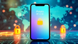 Potato下载 on a smartphone interface with secure messaging features and encryption symbols.