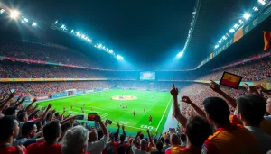 أجواء مباراة كرة قدم حية، تُبرز كورة لايف بجماهير تهتف ونشاط على الملعب.
