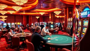 Mu88 casino capturing excitement at poker tables with vibrant gaming atmosphere.
