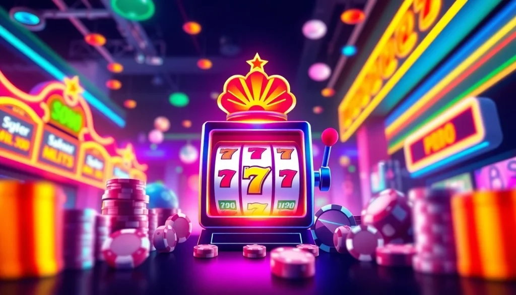 Gambarkan pengalaman bermain mpo1221 melalui mesin slot berwarna cerah dan suasana kasino yang energik.