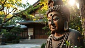 静かな日本の寺院の風景を通して即身仏の概念を探求し、穏やかな環境の中にある古代の木像を際立たせます。