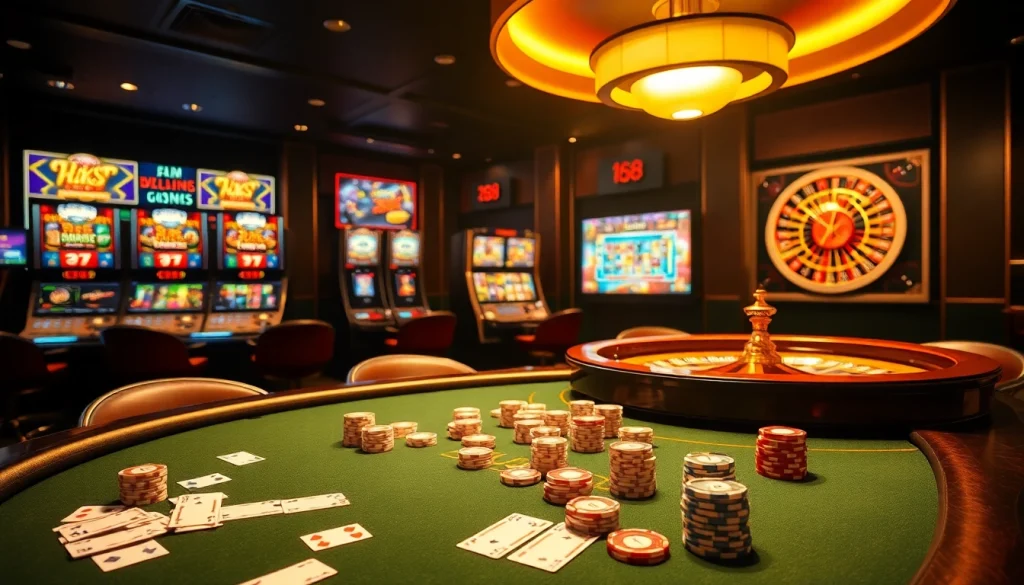 Engaging scene of mu88 casino with poker table, vibrant slot machines, and roulette wheel under glamorous lighting.