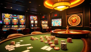 Engaging scene of mu88 casino with poker table, vibrant slot machines, and roulette wheel under glamorous lighting.