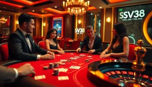 SV388 gamblers enjoying a thrilling baccarat game in an elegant casino atmosphere.