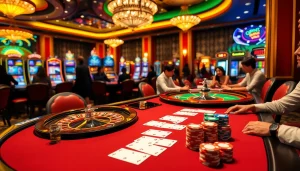 Experience the thrill of open888 as players engage at an upscale poker table in a vibrant casino setting.