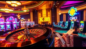 Betting excitement at XX 88 casino with vibrant roulette and slot machines.