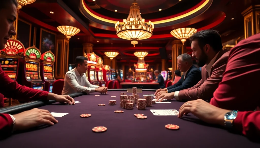 Players enjoying a high-stakes poker game at a fabet casino table, immersed in excitement and strategy.