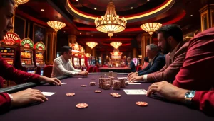 Players enjoying a high-stakes poker game at a fabet casino table, immersed in excitement and strategy.