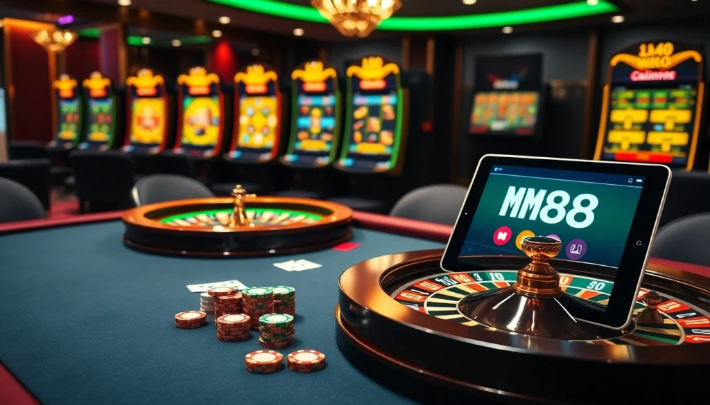 Experience high-stakes thrills at MM88 with an elegant poker table and roulette wheel.