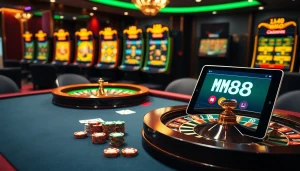 Experience high-stakes thrills at MM88 with an elegant poker table and roulette wheel.