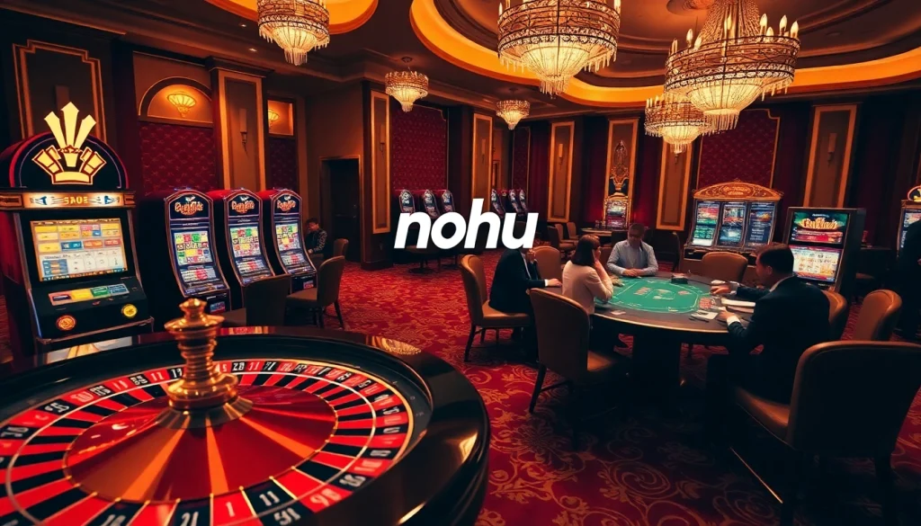 NoHu casino players engaging at a high-stakes poker table surrounded by luxurious gaming machines.