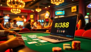 Engage with the BJ388 online casino theme featuring vibrant gaming elements and luxury atmosphere.