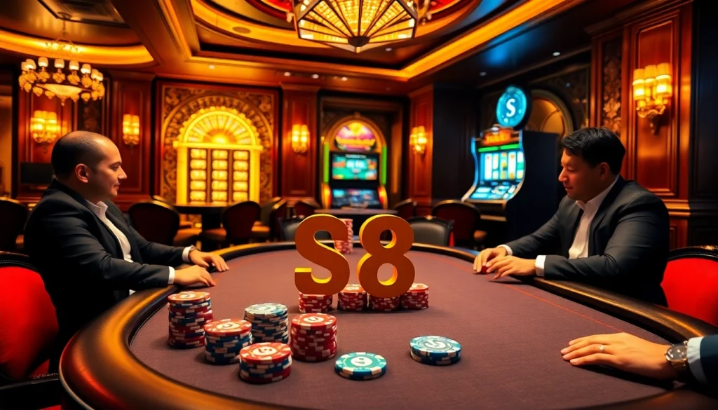 Engage in high-stakes poker at the S8 casino with vibrant chips and a luxurious table setting.